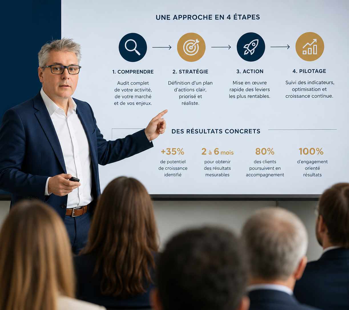 Hervé Cavenel présentant une stratégie de croissance commerciale et digitale pour PME
